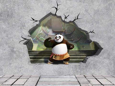  墙面装饰 打卡墙 景观墙面设计 功夫熊猫墙 破损墙面3d模型 