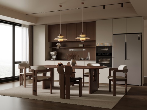  中古风餐厅 餐桌椅 备餐柜3d模型 