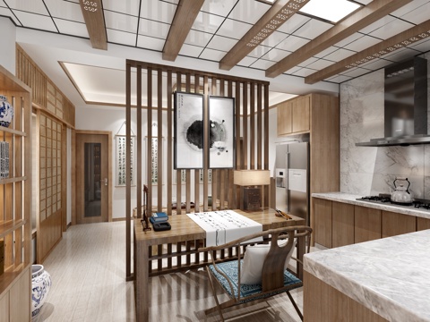  新中式茶室书房3d模型 