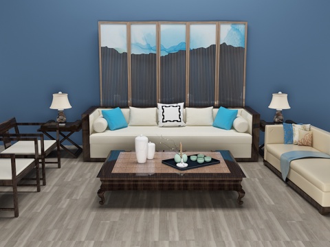  新中式沙发 茶几 屏风 隔断3d模型 