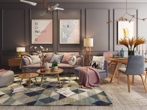  北欧沙发茶几餐桌吊灯组合模型3d模型 