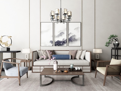  新中式沙发组合 茶几 吊灯 装饰画 植物 物件摆件3d模型 