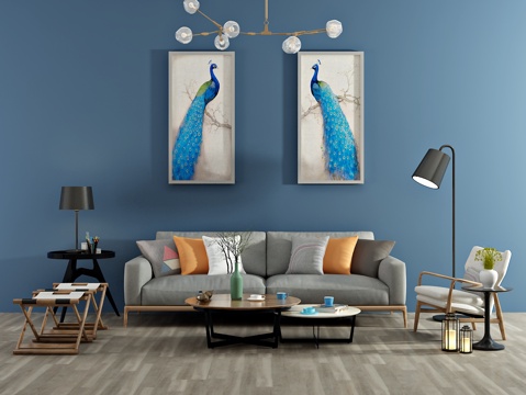  现代沙发 茶几 装饰画 吊灯3d模型 