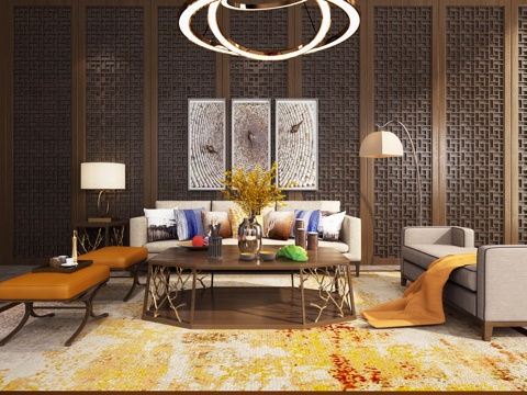  中式沙发茶几 吊灯 挂画组合模型3d模型 