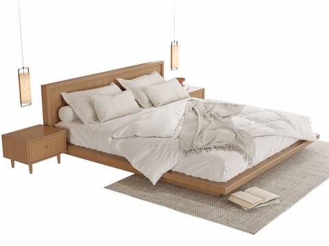  现代双人床 床头柜su模型 