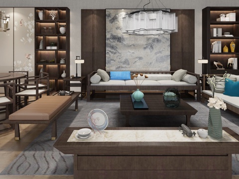  新中式沙发餐桌组合3d模型 