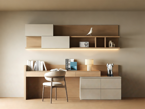  现代书桌一体柜 办公桌椅 书架 书籍su模型 