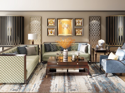  现代沙发茶几组合 挂画 橱柜 台灯 边几 摆件3d模型 