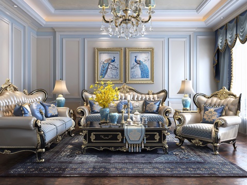  欧式古典客厅沙发 吊灯 挂画 摆件3d模型 