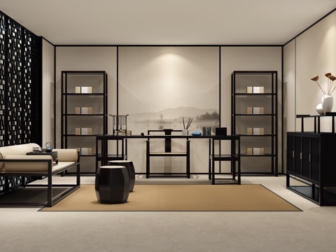  新中式柜子沙发茶几组合3d模型 