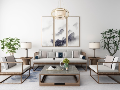  新中式沙发茶几装饰画吊灯地毯组合3d模型 