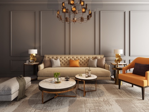  现代沙发茶几吊灯组合模型3d模型 