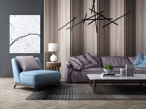  现代沙发 单椅 茶几 盆栽 挂画 地毯 吊灯3d模型 