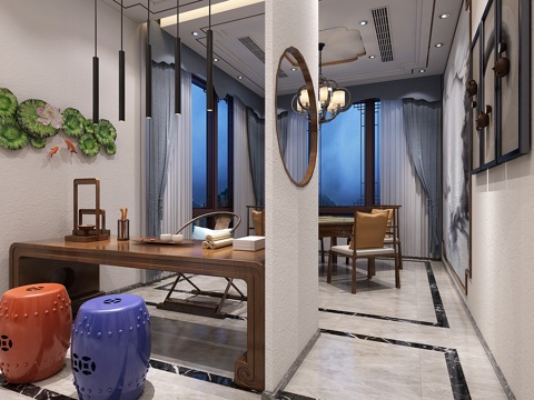  新中式茶室 木质墩 墙饰 休闲茶座 八仙桌 造型灯 造型3d模型 