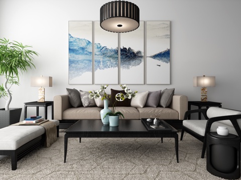  新中式沙发茶几 装饰画 吊灯 地毯组合3d模型 