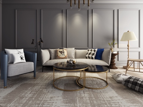  现代沙发茶几 吊灯组合模型3d模型 