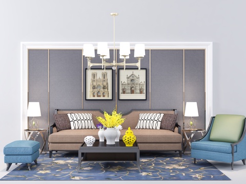  欧式简约双人沙发 休闲椅 矮凳  吊灯 背景墙  摆件3d模型 