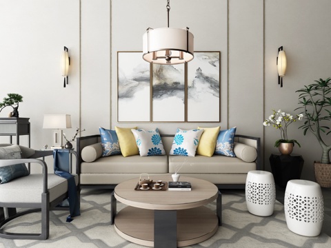  新中式沙发茶几 吊灯 装饰画组合3d模型 