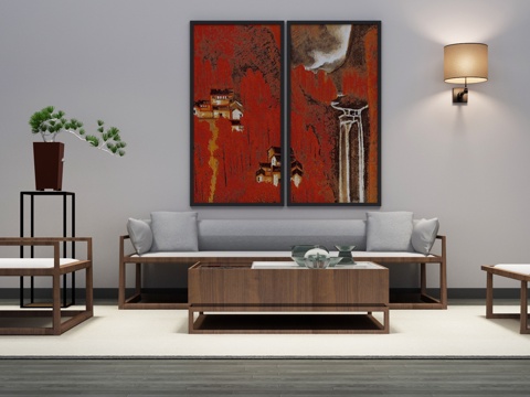  禅意中式沙发茶几挂画组合3d模型 