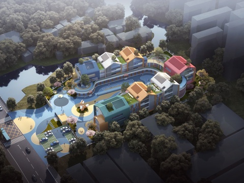  现代 幼儿园建筑 鸟瞰3D模型3d模型 