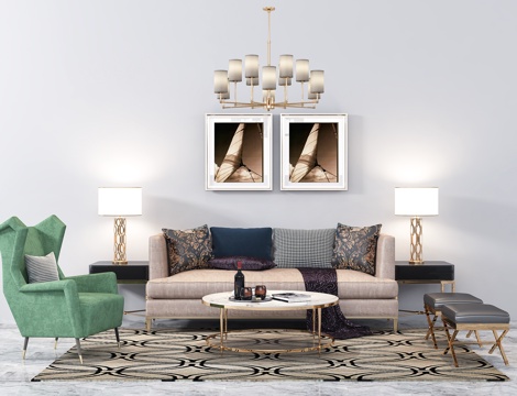  现代双人布艺沙发 休闲椅  茶几 摆件 挂画 吊灯 背景3d模型 