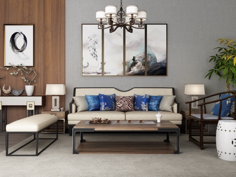  新中式沙发茶几装饰画地毯组合3d模型 