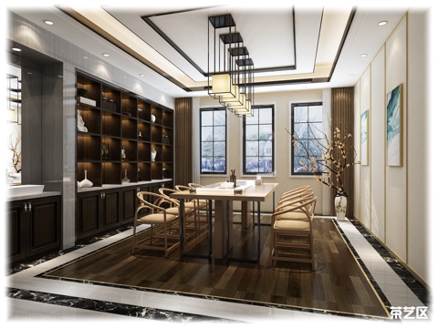  新中式别墅茶室3d模型 