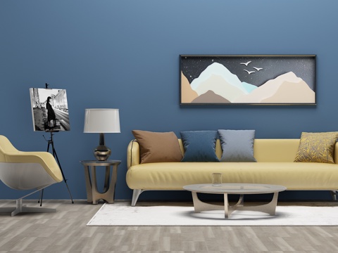  现代沙发 茶几 台灯 装饰画 单椅3d模型 