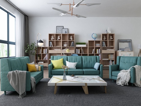  北欧沙发茶几组合 书柜 吊灯 地毯3d模型 