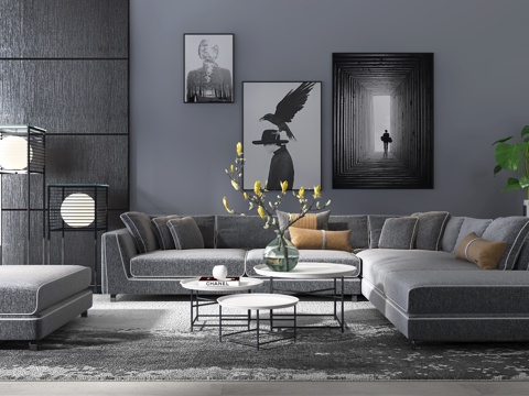  现代沙发茶几组合 沙发凳 挂画 摆件3d模型 