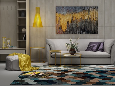  现代组合沙发装饰画吊灯地毯组合3d模型 