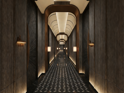  现代新中式走廊 餐厅走廊3d模型 