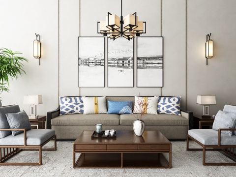  新中式沙发茶几吊灯装饰画组合3d模型 