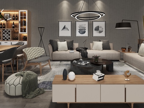  现代北欧沙发组合 吊灯 挂画 橱柜 装饰柜 餐桌椅3d模型 