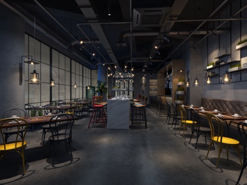  工业风自助餐厅3d模型 