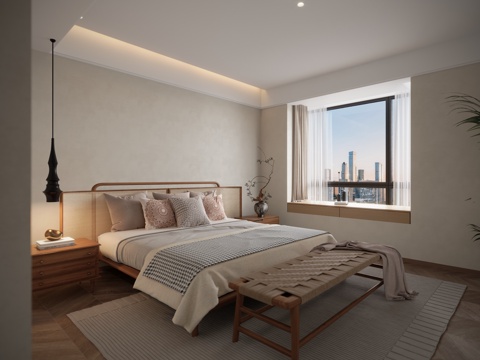  侘寂双人床卧室3d模型 