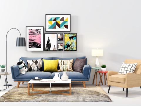  现代沙发 茶几 休闲椅 落地灯 茶几 挂画3d模型 