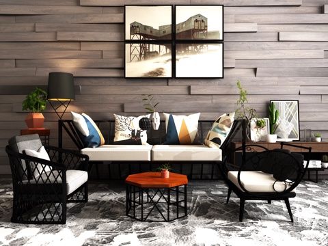  工业风沙发茶几组合 挂画 沙发 茶几3d模型 