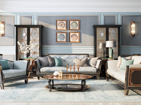  现代沙发茶几组合 橱柜 壁灯 挂画3d模型 