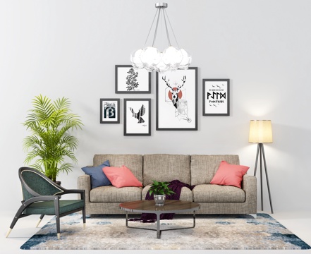  北欧沙发  双人布艺沙发 休闲椅  茶几  吊灯 照片墙3d模型 