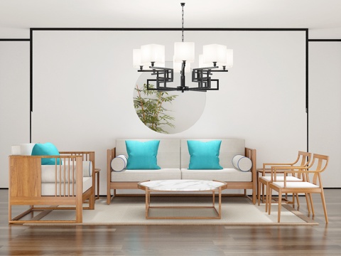  新中式客厅 沙发茶几 吊灯组合3d模型 