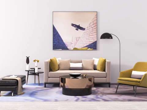  现代双人布艺沙发 单椅 茶几 挂画饰品组合3d模型 