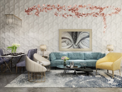  现代沙发茶几 餐桌 吊灯组合模型3d模型 