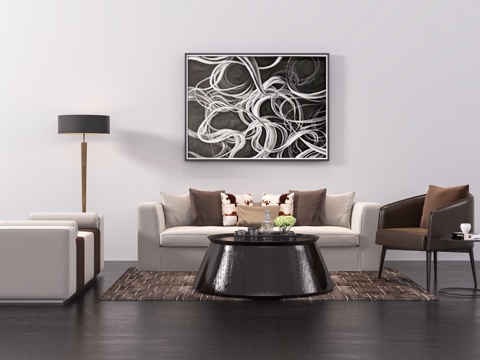  现代沙发茶几单椅挂画摆件组合3d模型 