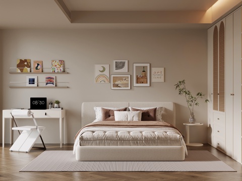  奶油风卧室3d模型 