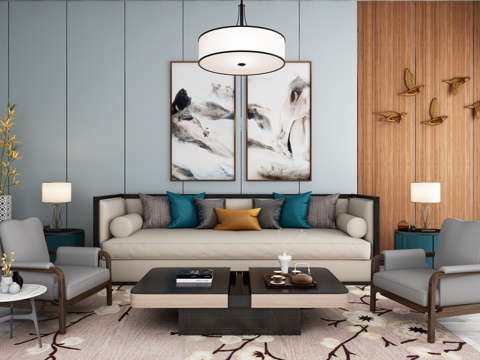  新中式沙发茶几吊灯装饰画组合3d模型 