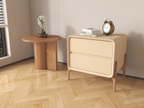  北欧奶油风床头柜 实木抽屉床头柜 摆件3d模型 