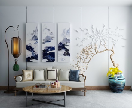  新中式沙发茶几组合 景观小品3d模型 