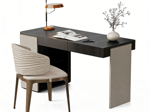  现代意式轻奢书桌椅 办公桌椅 台灯 摆件3d模型 