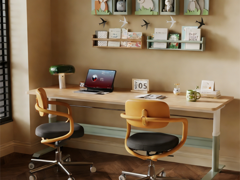 中古风写字桌 书桌椅 电脑 台灯 书架su模型